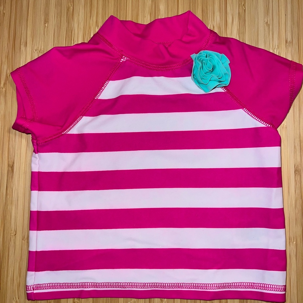 Circo Pink and White Striped Rashguard Swim Top with Turquoise Accent